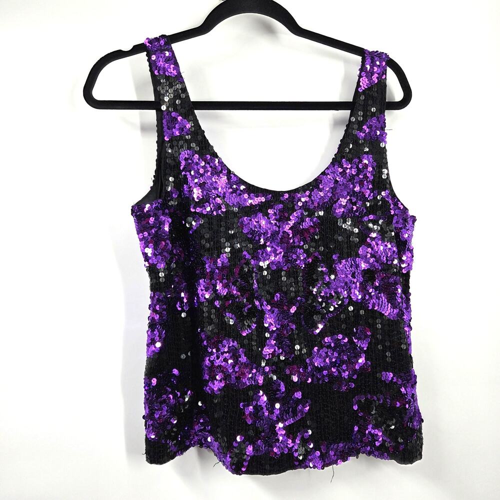 Vintage women SZ M Black Purple Silk Sequins Whimsygoth Witchy Party Crop Tank
